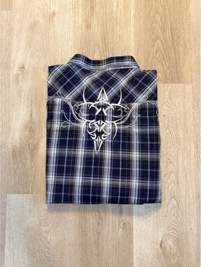CJ Black Blue & White Button Up Flannel Mens Size XXL Slim Fit CyberSigilism Y2K